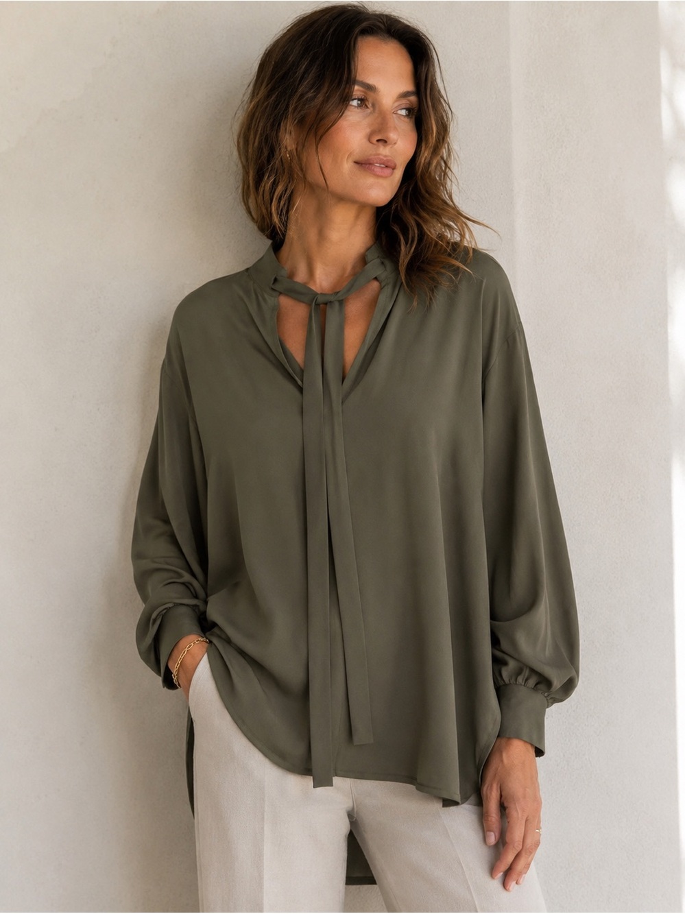 SHAN Olive Green Tie-Neck Blouse